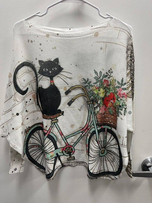 Black Cat Round Knit Printed Sweater