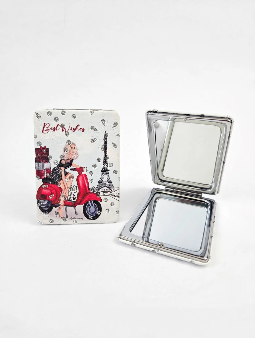 Glittered Paris Fashion Illustrated Mini Cosmetic Folding Mirror