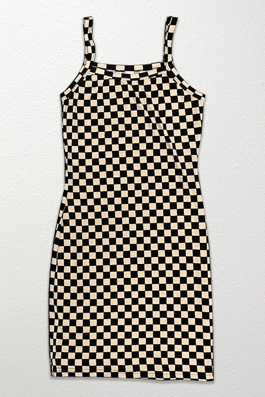 Checkered rib knit tank top dress