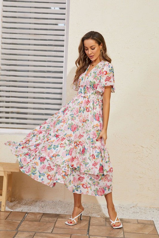 Tiered floral midi dress