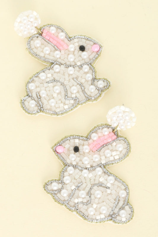 Easter White Rabbit, Beaded Pearl Drop Earrings￼