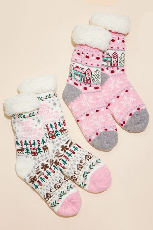 Fuzzy Sherpa Cuff Christmas Pattern Socks