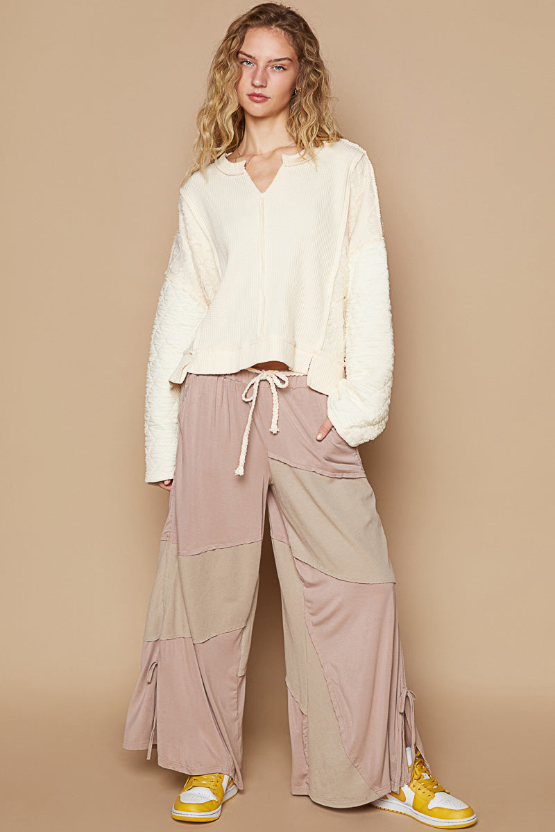 Cream Round Neck, Full Sleeve, Oversized Top