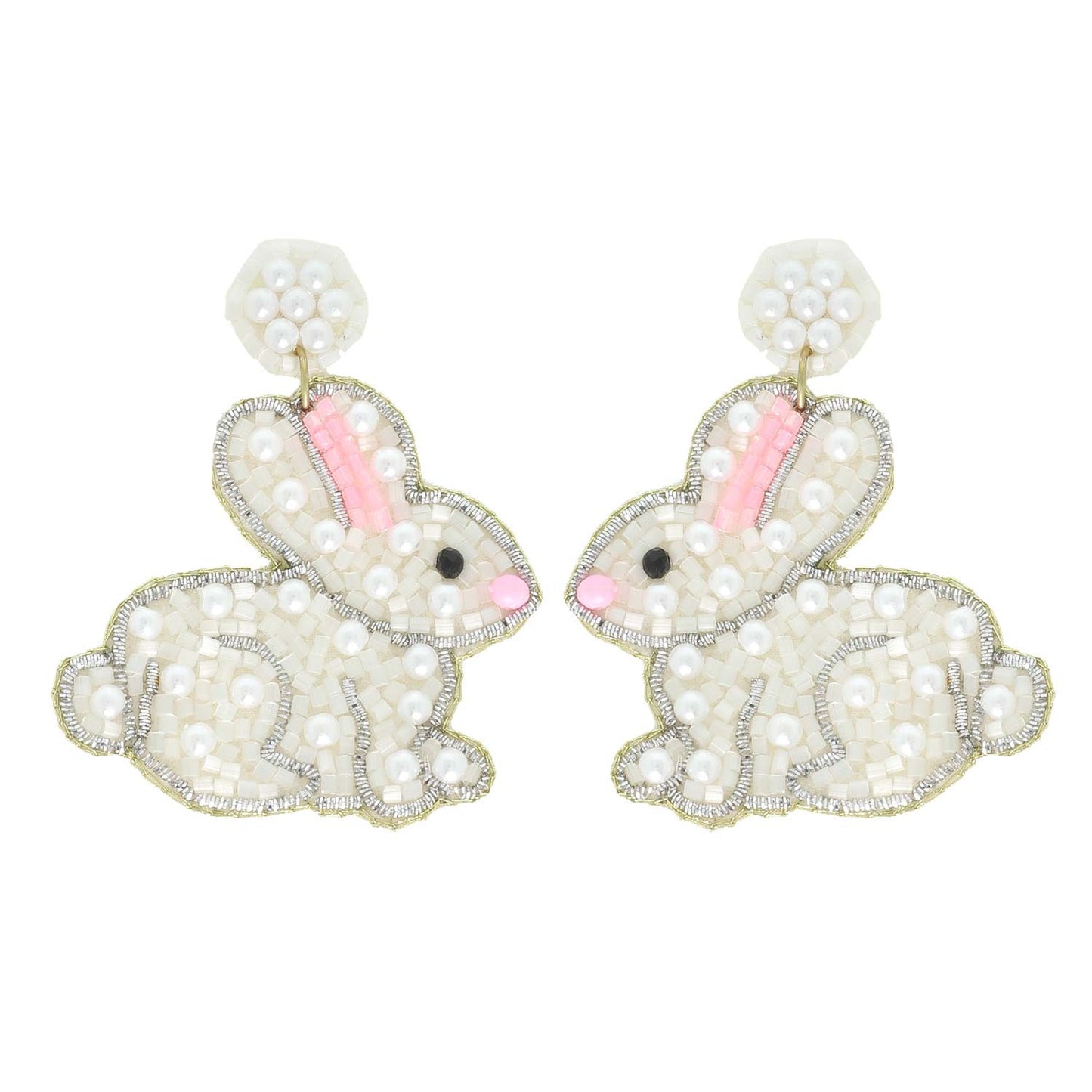 Easter White Rabbit, Beaded Pearl Drop Earrings￼