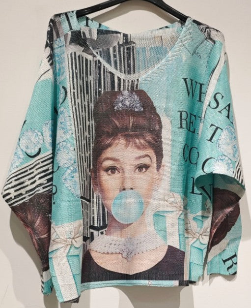 Audrey Hepburn Blue Bubble Gum V-Neck Knit Printed Sweater