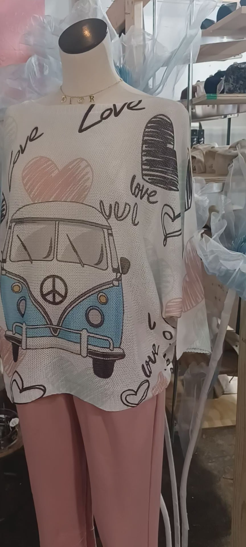 Italian Os White Love Van Knit Sweater 3/4 Sleeves