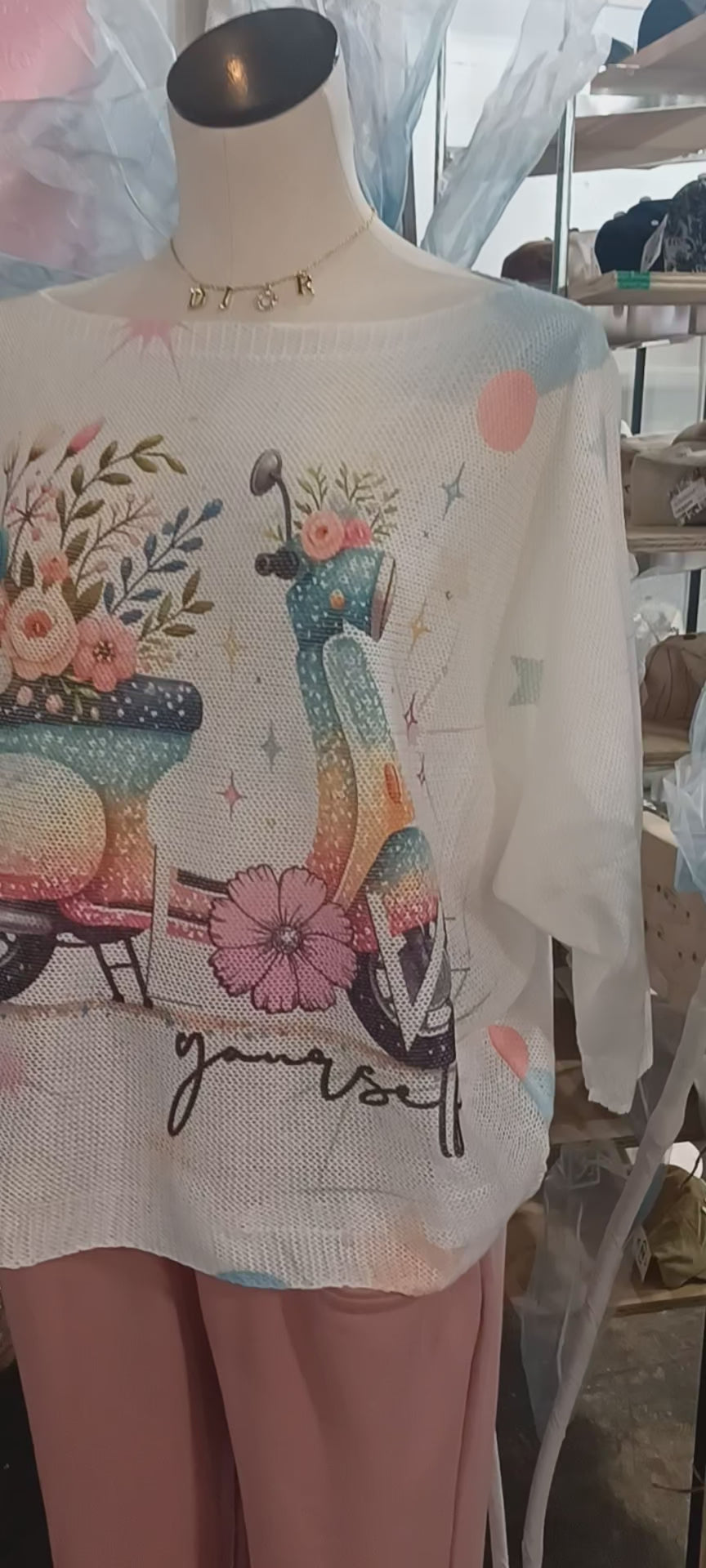 Italian Os White Scooter Floral Print Knit Sweater