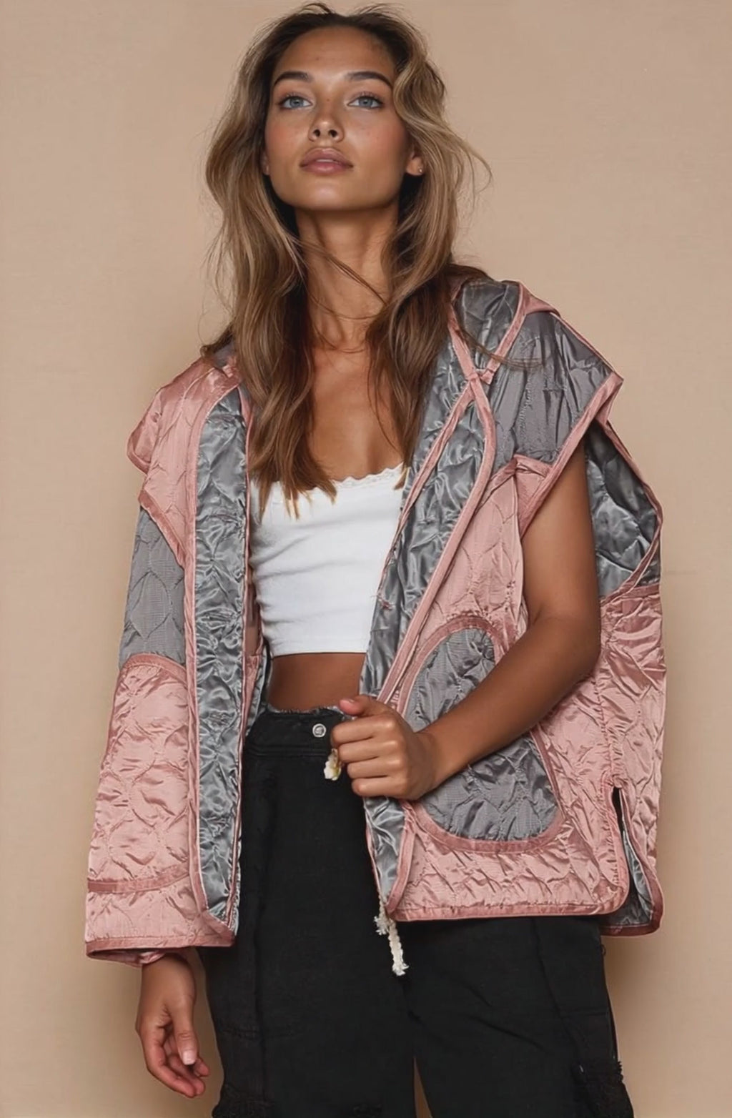 SALMON GREY MULTI HOODIE VEST