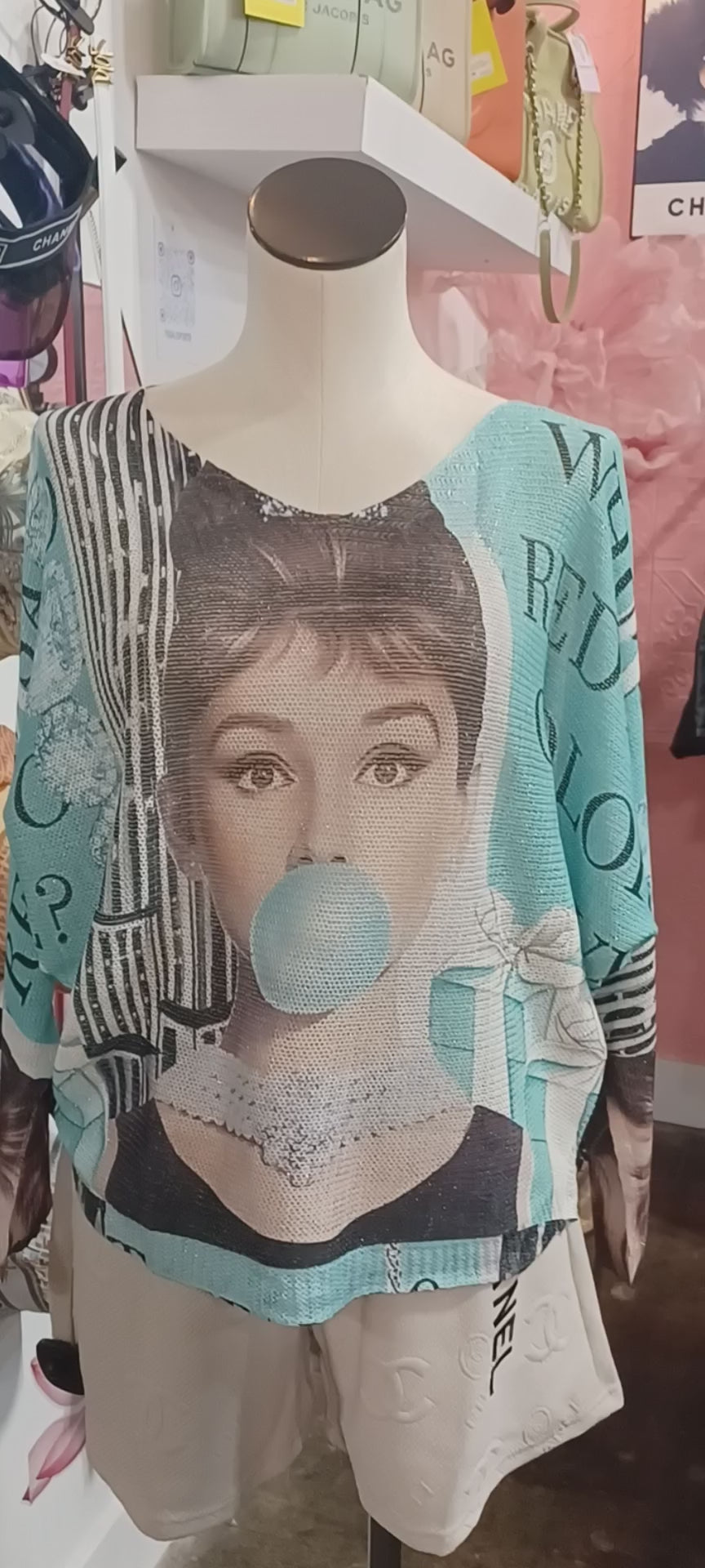 Audrey Hepburn Blue Bubble Gum V-Neck Knit Printed Sweater