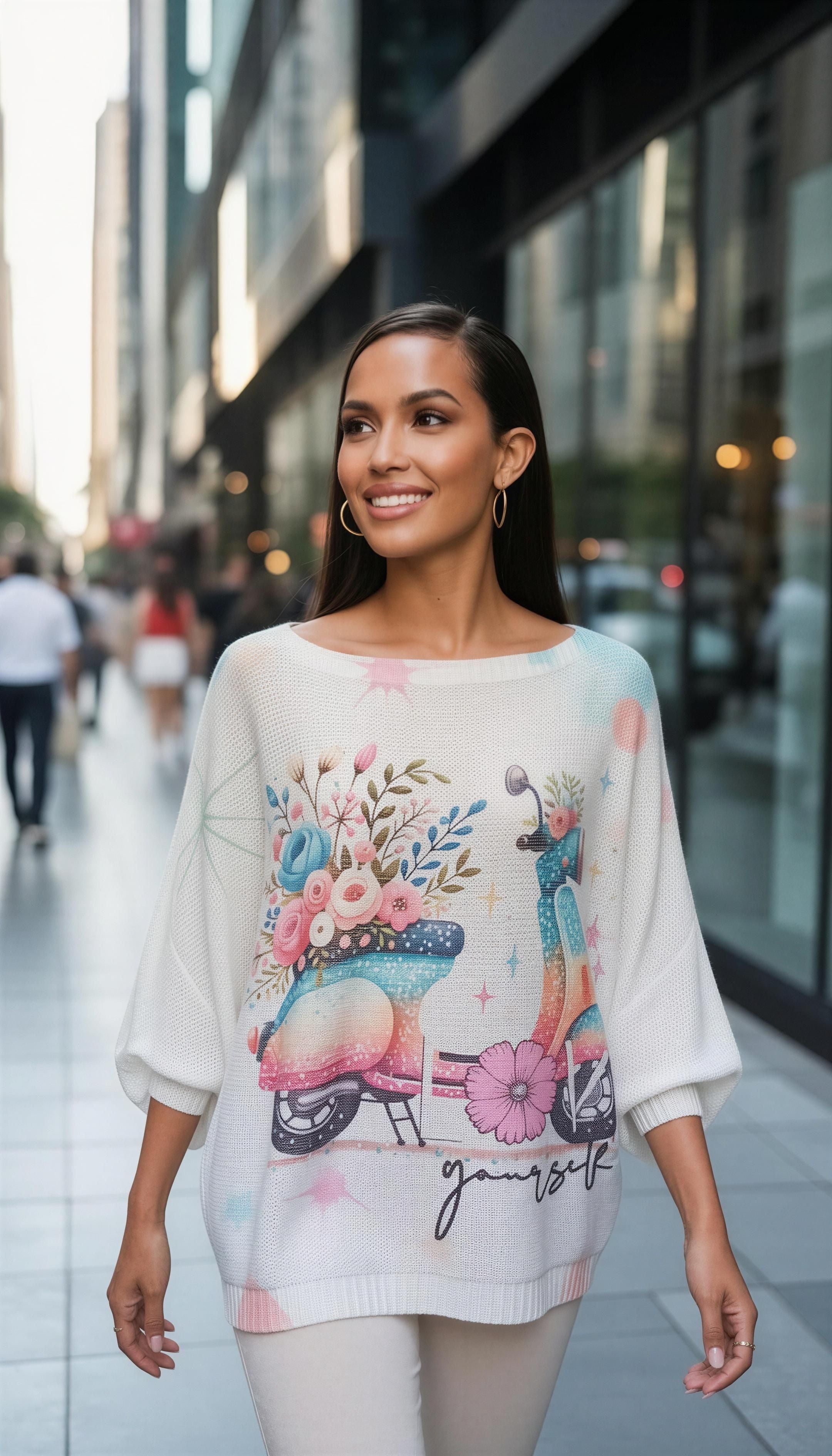 Italian Os White Scooter Floral Print Knit Sweater