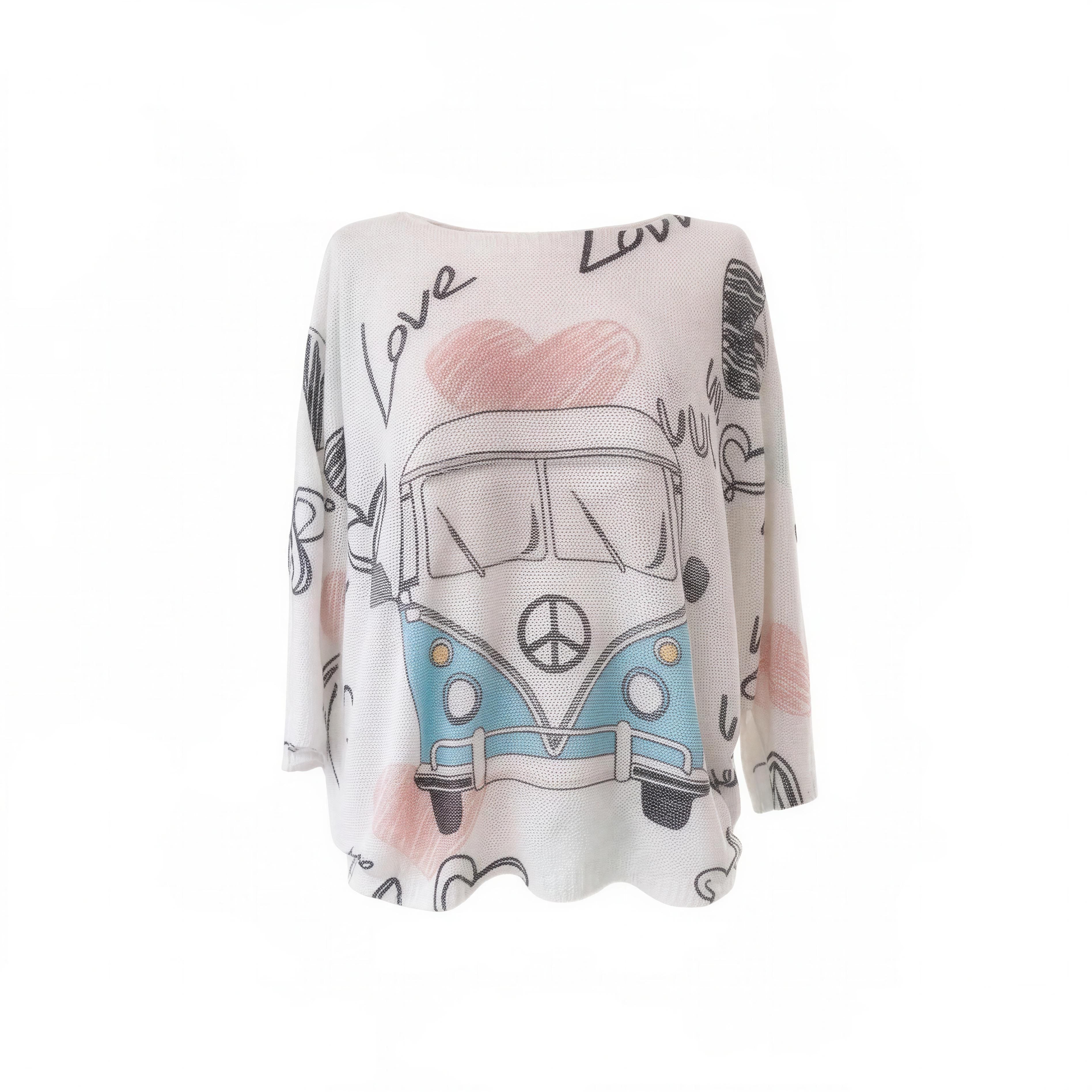 Italian Os White Love Van Knit Sweater 3/4 Sleeves