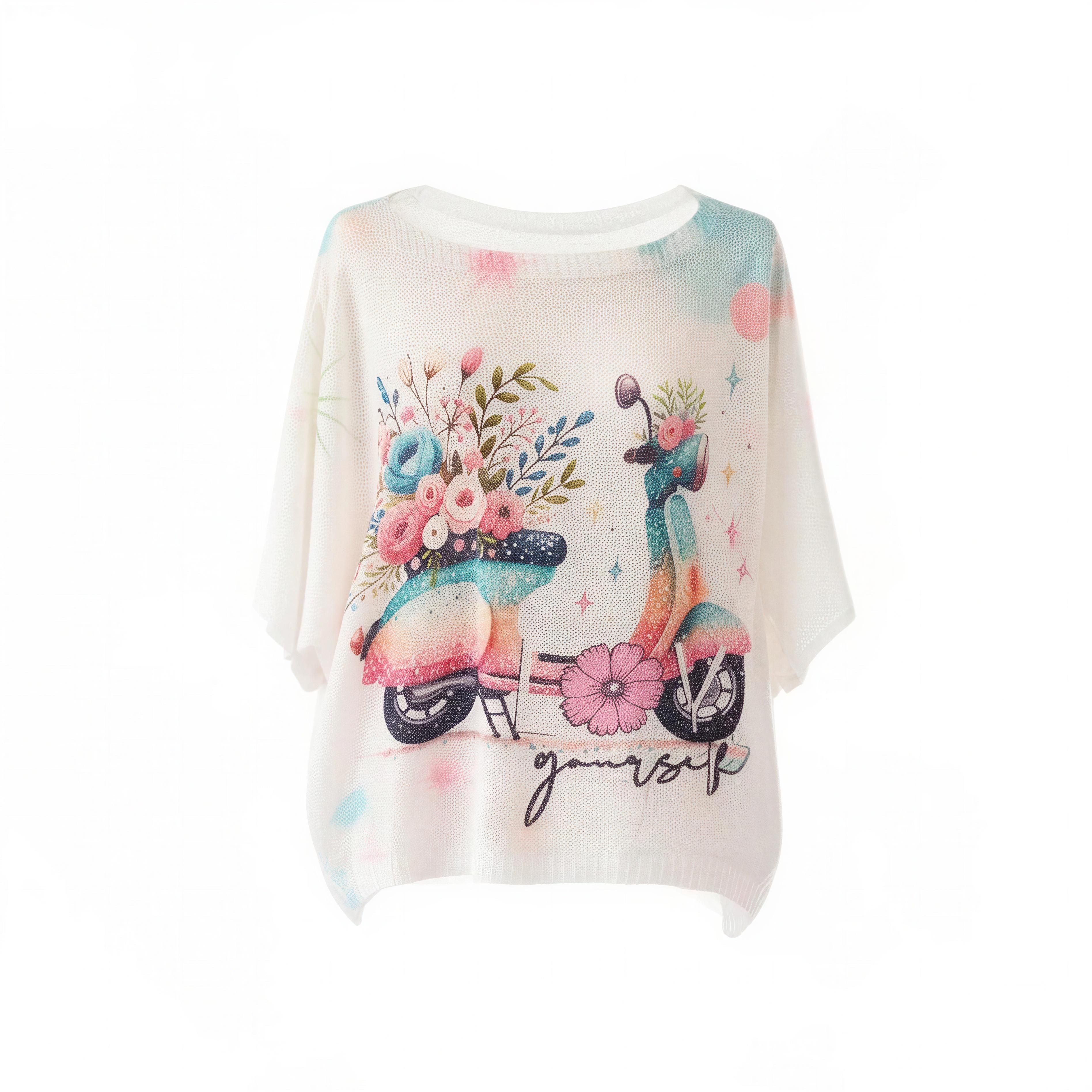 Italian Os White Scooter Floral Print Knit Sweater